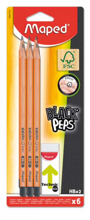 Набор карандашей графитовых 6 шт BLACK PEPS HB с ластиком блистер Maped MP.850017FC