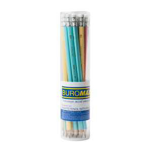 Олівець графітовий PASTEL HB, асорті, з гумкою, туба 20 штук, BUROMAX BM.8526-20