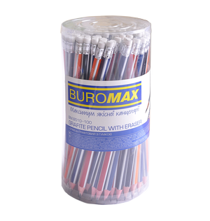 Олівець графітовий SILVER НВ з гумкою, тригранний, асорті, туба 100 шт. BUROMAX BM.8510-100