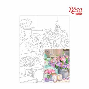 Холст на картоне с контуром, мелкое зерно, хлопок, Нежный букет троянды и сирень, 30х40 см, ROSA GPA283225 - Фото 1