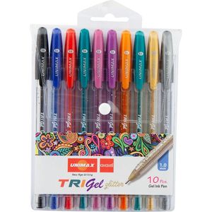 Набір гелевих ручок з швидковисихаючим чорнилом Trigel Glitter, набір 10 штук, Unimax UX-142