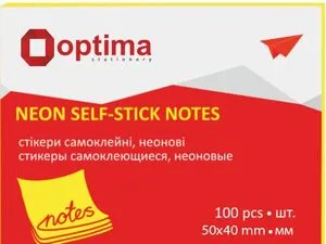 Блок паперу для заміток з клейким шаром 40х50 мм 100л неон Optima O25511