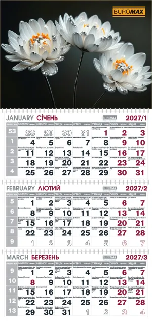 Календарь настенный Buromax квартальный на 2027 г 3 пружины цветы BM.2105.4, Календари