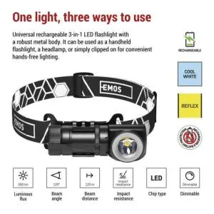 Фонарь налобный аккумуляторный LED EMOS 500 Lm Li-Ion 800 mAh металл P3544, Фонарики - фото 2