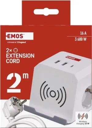 Сетевой адаптер удлинитель Emos 2 розетки 2 м 1,5 мм USB-A USB-C Qi P0222CQ, Сетевые фильтры (удлинители) - фото 4