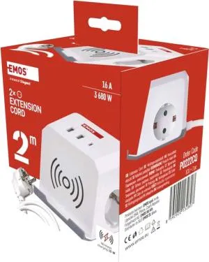Сетевой адаптер удлинитель Emos 2 розетки 2 м 1,5 мм USB-A USB-C Qi P0222CQ, Сетевые фильтры (удлинители) - фото 6