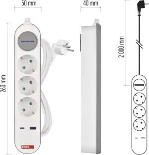 Сетевой удлинитель EMOS 3 розетки 2 м 16A 3680Вт USB-A USB-C P1322FC, Сетевые фильтры (удлинители) - фото 5