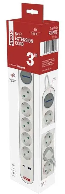 Мережевий подовжувач Emos 5 розеток 3 м 1,5 мм USB-A USB-C P1523FC, Мережеві фільтри (подовжувачі) - фото 7