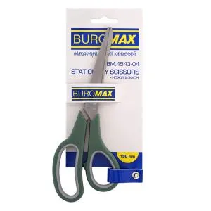 Ножницы Buromax 190мм зеленые ассиметричные ручки с серыми резиновыми вставками BM.4543-04, Ножницы