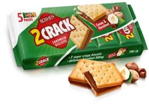 Печиво-сендвіч Roshen 2 CRACK з начинкою какао-горіх ККФ 190г /26шт 4823077646546, Печиво