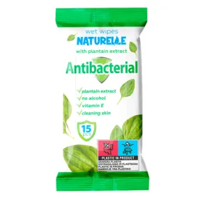 Салфетки влажные NATURELLE Аntibacterial с экстрактом листьев подорожника 15шт san.90175, Влажные салфетки