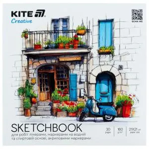 Скетчбук для робіт маркерами 21x21см 30 л Kite Creative K-1282, Альбоми для малювання