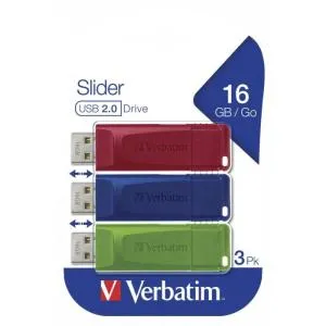 USB флеш накопитель Verbatim 3x16GB Slider Red/Blue/Green USB 2.0 (49326) U0518128, Флеш-карты памяти (USB-flash) - фото 1